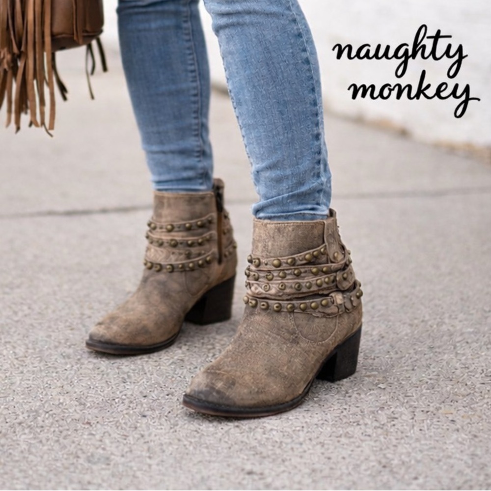 Naughty Monkey Studded Leather Ankle Boots Women’s 9.5 Boho Western Moto